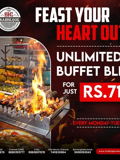 Feast your heart out every Monday and Tuesday. Our unlimited buffet bliss is available for just ₹713.