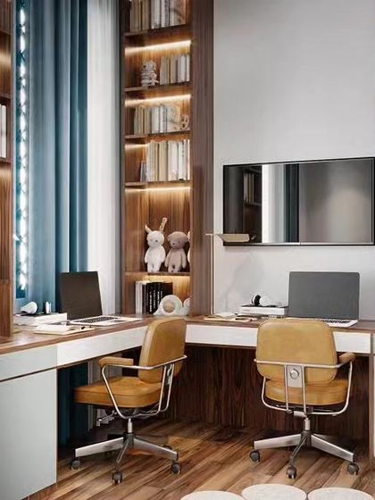 This luxurious L-shaped study station is perfect for two siblings. Flanked by floor-to-ceiling bookshelves with integrated lighting, it creates a warm and inviting library-like atmosphere for focused work.