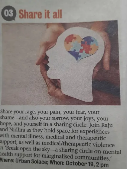 A newspaper clipping about our mental health sharing circle, 'Break open the sky', a space to share experiences without judgment.