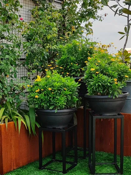 This terrace design uses a combination of corten steel planters and black pots on minimalist stands. The mix of artificial turf and varied planters creates a modern, multi-level garden space.