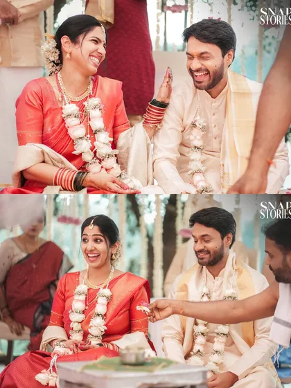 Two candid shots of the couple laughing and enjoying their wedding rituals. These unposed moments are often the most cherished memories.