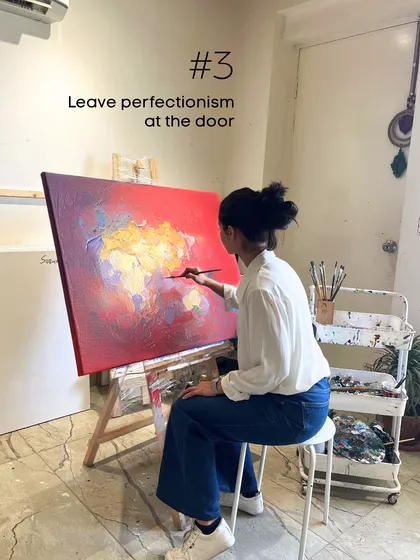 Leave perfectionism at the door. A reminder to myself while working on a large canvas. The goal is expression, not perfection.