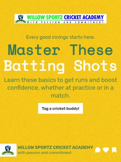 "Master These Batting Shots." This graphic emphasizes that learning these basics helps build confidence in practice and in matches.