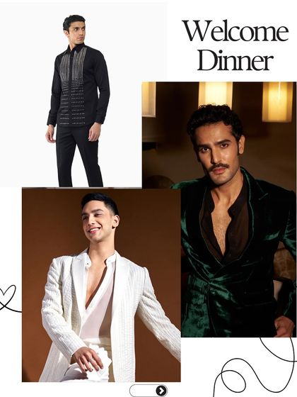 Your Welcome Dinner sets the tone for the wedding. I suggest polished yet relaxed looks like a structured black shirt-jacket, a deep green velvet blazer, or a crisp white striped jacket for a stylish entrance.