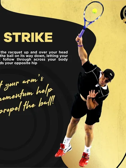 Step five is the strike. At the peak of your motion, you bring the racket up and over to hit the ball, letting your arm's momentum propel it forward and across your body for a fluid finish.