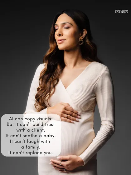 A powerful maternity portrait with a quote stating that AI can't build trust, soothe a baby, or replace the human connection a photographer provides.