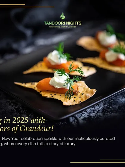 Ring in the New Year with flavors of grandeur. Our meticulously curated catering, featuring bites like these papdi canapés with smoked salmon, tells a story of luxury.