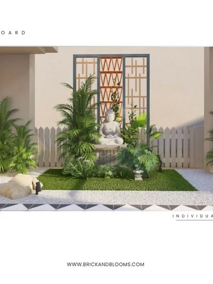 In this concept, we explored using a traditional window-style frame as the backdrop. The combination of materials and the serene Buddha statue creates a space that feels both grounded and spiritual.