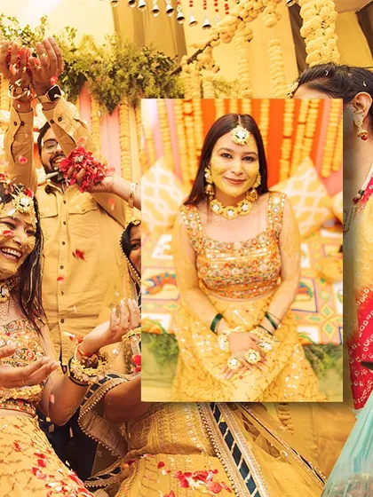 More moments from a bride's Haldi, showing her being showered with flower petals. We aim to capture the peak of the celebration and the pure joy on her face.
