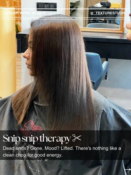 Snip snip therapy. Dead ends? Gone. Mood? Lifted. There's nothing like a clean chop for good energy.