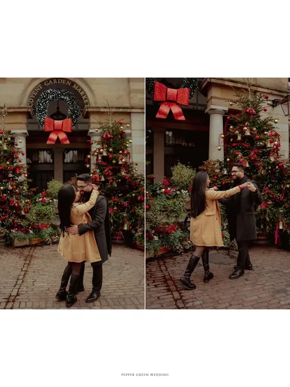 Dancing in front of the beautifully decorated Covent Garden Market. This Christmas-themed pre-wedding shoot in London was full of warmth and festive spirit.