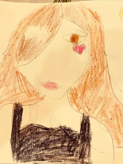 A sweet portrait titled 'The sunshine girl'. This drawing by one of our young students uses colored pencils to create a warm and happy character.