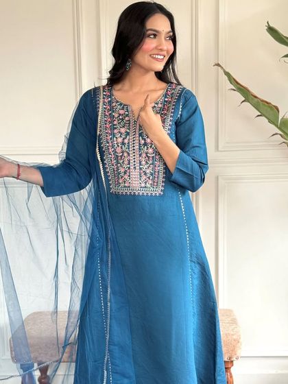 This blue chanderi viscose kurta is a versatile piece. The heavy thread embroidery on the neckline adds a touch of detail that elevates the whole look.