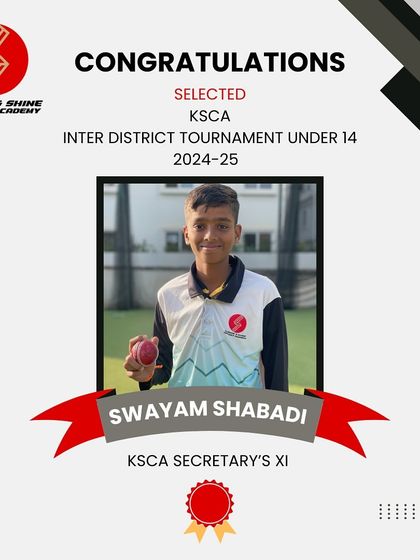Our young off-spin sensation, Swayam Shabadi, has earned a spot in the Secretary XI for the KSCA Inter-District U-14 Tournament. Keep shining, Swayam!