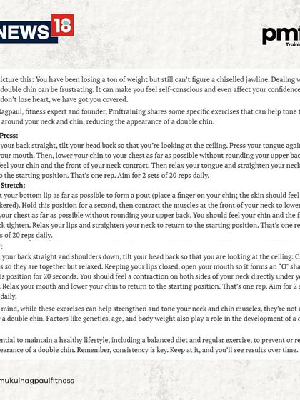 My expert inputs on effective exercises to sculpt your jawline and reduce a double chin, as featured in News18. These are simple, targeted movements you can do at home.