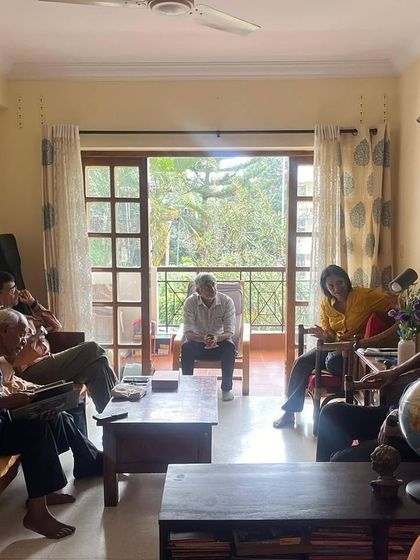 A gathering of artists at my home for 'chai and charcha'. It was an honour to first give a talk at their studio and then host them. The exchange of ideas and art is what builds a strong creative community.