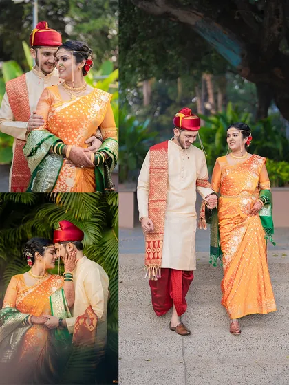 This collage captures different moments from Omkar and Mansi's outdoor shoot, including a walking shot and intimate close-ups, telling a small story of their session.