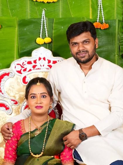A happy couple picture from Namratha's seemantha. My makeup ensures you look perfect in all your photos, from portraits to family group shots.