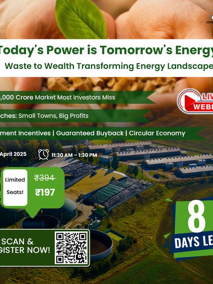 Another countdown graphic for our "Waste to Wealth" webinar, this image shows a large-scale Bio-CNG facility. It emphasizes the profit potential in converting farm waste and securing government subsidies, which can cover up to 40% of project costs.