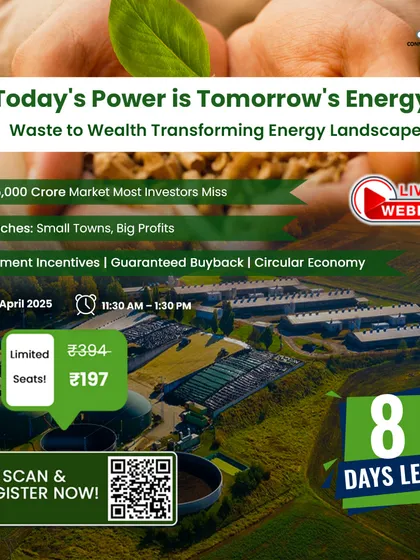 Another countdown graphic for our "Waste to Wealth" webinar, this image shows a large-scale Bio-CNG facility. It emphasizes the profit potential in converting farm waste and securing government subsidies, which can cover up to 40% of project costs.