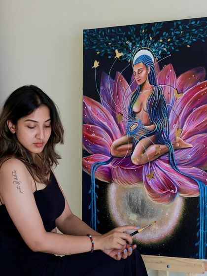 Posing with my second piece from the series, which explores the feeling of transformation during meditation.