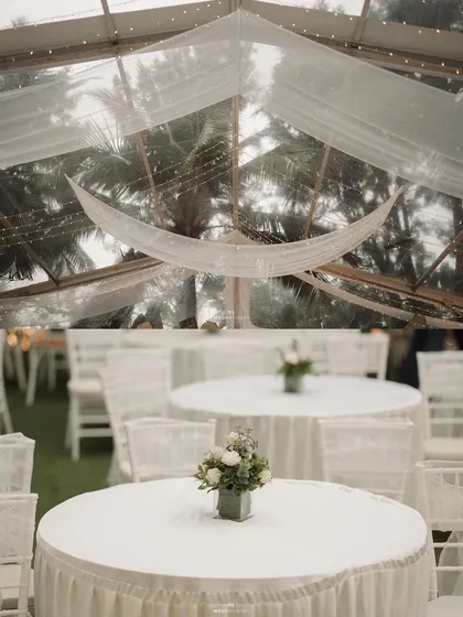 A serene and elegant all-white wedding reception theme. The clear-top tent allows guests to dine under the stars, while the minimalist decor highlights the natural beauty of the surrounding greenery at The Farmhouse Collective.