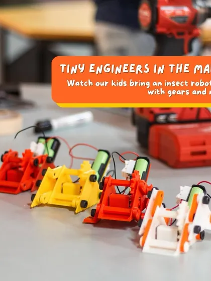 A whole army of insect bots ready to go. Each student in our workshop builds their own bot from scratch, learning about gears, motors, and circuits in the process. They leave not just with a cool toy, but with the pride of having made it themselves.
