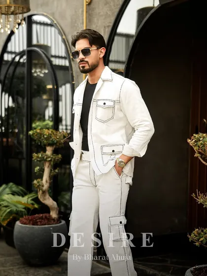 This shot captures the clean, bold aesthetic of the all-white co-ord set. It’s a look that is both refined and effortlessly cool.