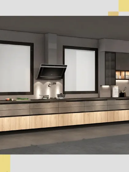 This perspective shows the clean, uninterrupted line of the countertop, perfect for meal prep. The angled chimney hood adds a modern, sculptural element.