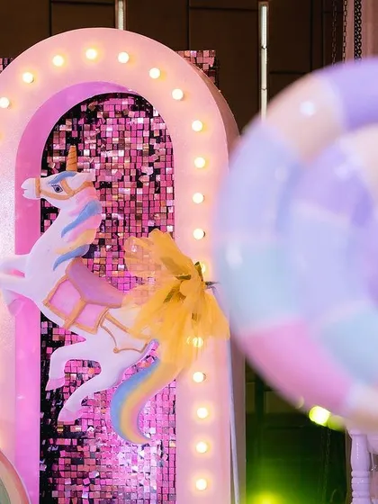 A giant pastel lollipop prop adds to the whimsical candy-land feel of the unicorn party. All our props are designed to fit the theme perfectly.