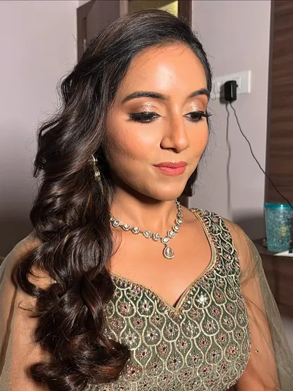 A close-up of the shimmery eye makeup for bride Apurva's Sangeet look.