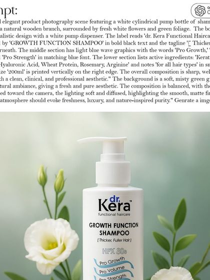 We're not gatekeeping our secrets. This is the exact, detailed prompt we used in ChatGPT 4.0 to generate the Dr. Kera shampoo visual. We focus on specifics like lighting, composition, and mood to guide the AI.