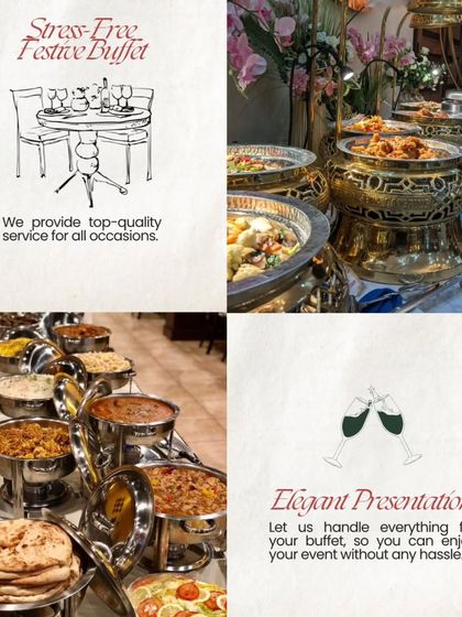 We offer a stress-free festive buffet with elegant presentation. This collage assures you that we handle everything, allowing you to relax and enjoy your event.