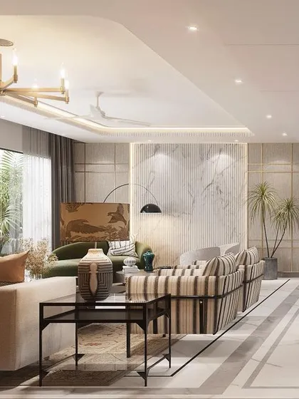 This living space is designed to be a calm place to unwind. Natural light and warm vibes are the epitome of this timeless design, with a long, elegant corridor drawing the eye through the home.