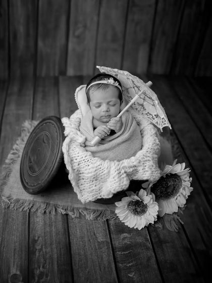 This black and white photo of the sunflower theme has a beautiful, classic feel. The contrast highlights the textures of the basket, blanket, and wooden background.