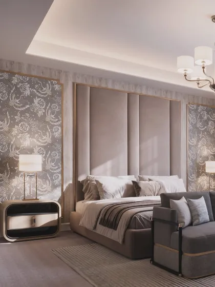 A full view of the bed and headboard, emphasizing the symmetry and the calm, luxurious atmosphere of the space.
