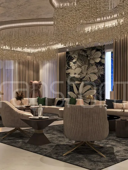 A full view of the living room, showcasing the grand scale and the harmonious blend of different seating arrangements. The design is opulent but remains inviting.