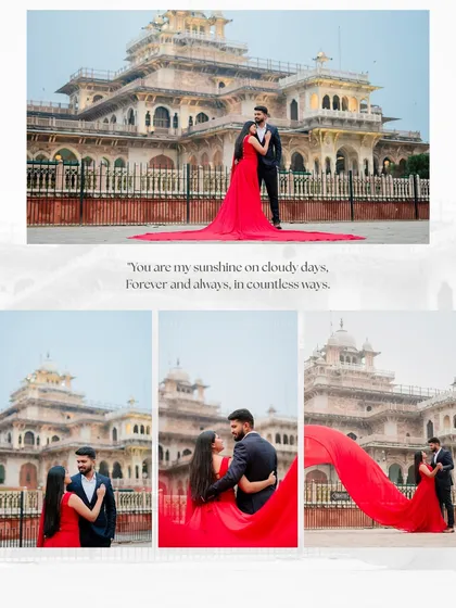 Sanjay and Ashwini in front of the Albert Hall Museum, with the bride's flowing red dress adding a pop of color to the scene. This shows how we use wardrobe to enhance a shot.