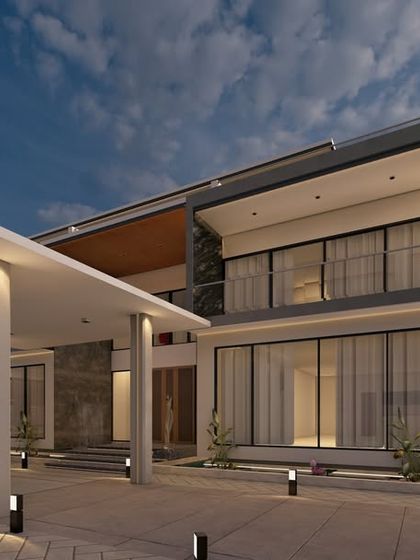 Another view of the entrance of "Zen Oasis," emphasizing the clean lines of the portico and the seamless transition from the driveway to the main door.