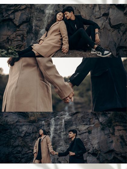A collage of intimate moments from a nature shoot. It includes close-ups of them holding hands and relaxing together against a rocky, natural backdrop.
