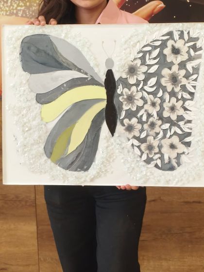 This beautiful butterfly wall art was another creation from my workshop. The design combines different patterns and textures, with one wing featuring delicate flowers.