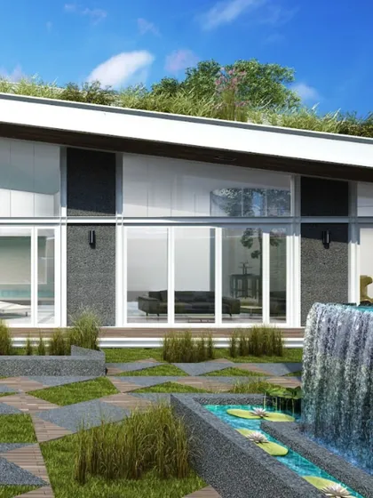 A seamless spatial progression defines this clubhouse, where double-height volumes open to expansive outdoor views. The architecture is designed to integrate the built and natural environments, creating dynamic levels within a lush, green setting.