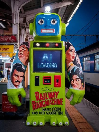 A 'Railway Rangmachine' on a train platform, with '100% Desi Algorithm'. The series imagines different local versions of this technology.