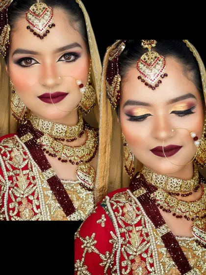 A dual view of this magnificent bridal look, showing the artistry from both a direct and a side profile. The golden shimmer on the eyes catches the light beautifully, while the matte maroon lip provides a classic, regal finish.