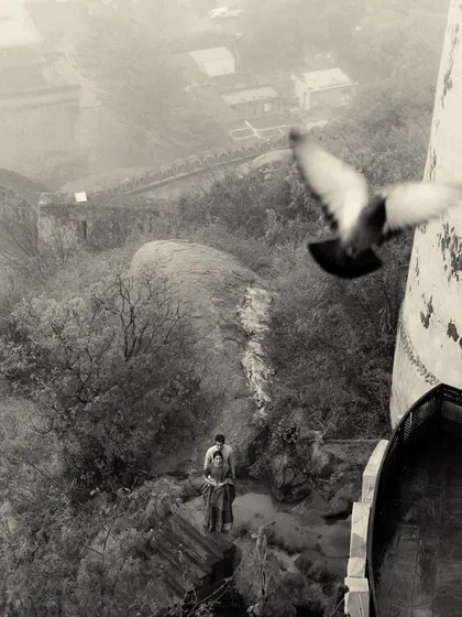 My eye is always searching for a different perspective, for that one frame that turns a fleeting moment into a piece of art. This black and white photograph, taken from above as a bird flew past, captures the quiet solitude and grand scale of love against a vast landscape. It’s a testament to my documentary style.