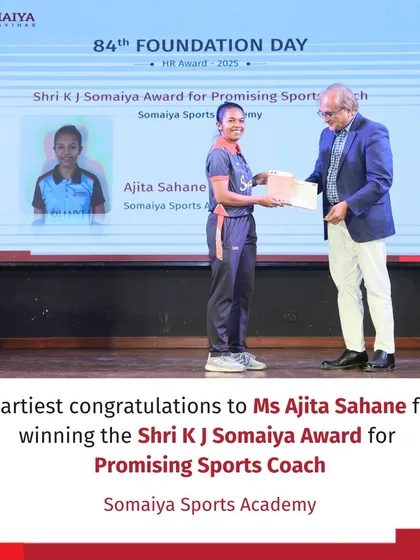 We congratulate Ms. Ajita Sahane for winning the Shri K J Somaiya Award for Promising Sports Coach. This award, presented on our 84th Foundation Day, highlights the emerging talent within our coaching ranks.