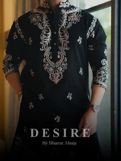A closer look at the artistry I pour into my work. The detailed embroidery on this black custom kurta showcases a blend of traditional patterns with a contemporary feel, creating a truly unique garment.