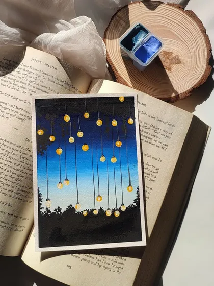 A painting of glowing fairy lights against a night sky. This piece was part of a birthday collaboration for a fellow artist.