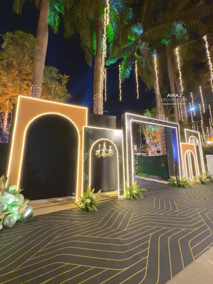 A side view of the layered archway entrance, showing the intricate details and the blend of different design elements.