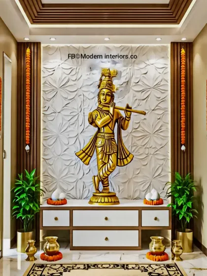 We create serene and beautiful pooja units that fit seamlessly into your home. This design features a textured back panel, a brass Krishna idol as the centerpiece, integrated lighting, and drawers for storing prayer essentials.
